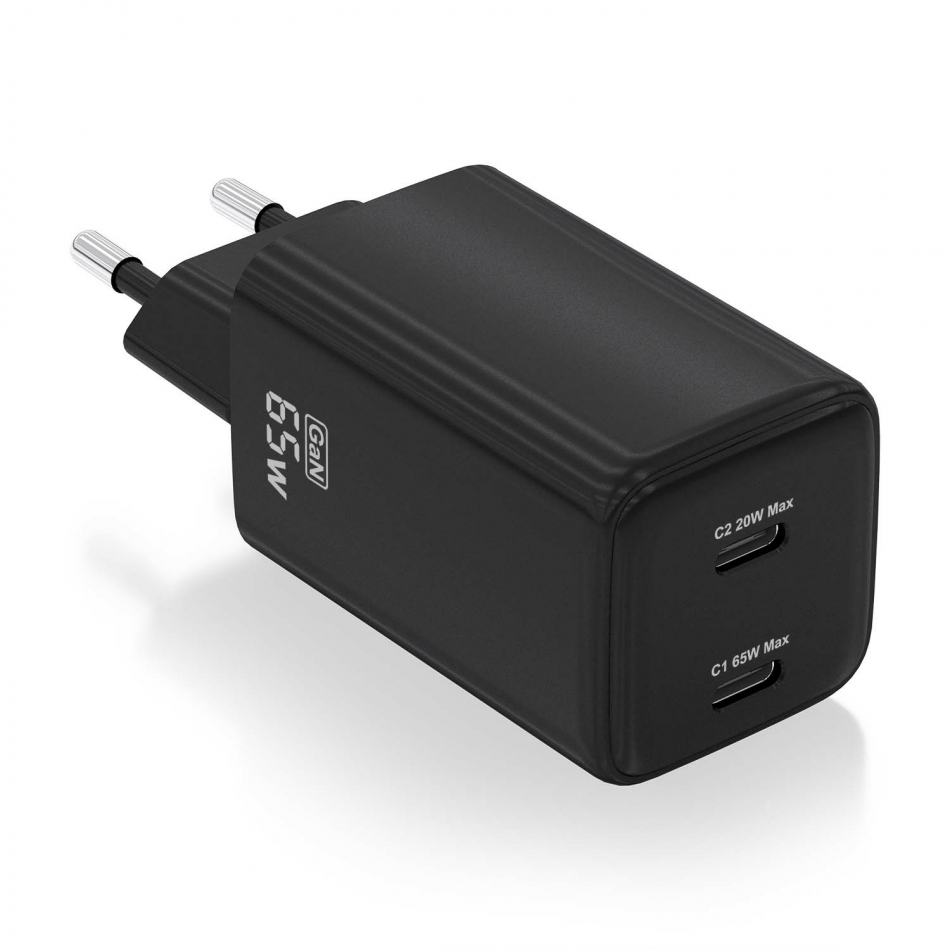 AISENS - CARGADOR GaN 65W, 2xUSB-C PD3.0 QC4.0, NEGRO