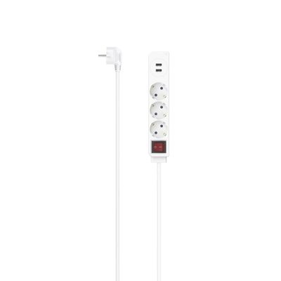 Hama Regleta Alimentacion con 5 Tomas - Potencia Maxima 3680W - Cable 1.4m - 3x Schuko - 2x USB-A - Interruptor de Encendido - Enchufe Schuko en Angulo - 4x4x23.5cm - Color Blanco