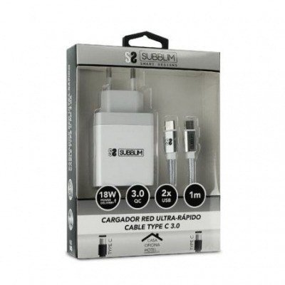 Cargador de Pared Subblim SUB-CHG-3WPD01/ USB + Cable USB Tipo-C/ 2.4A/ Blanco