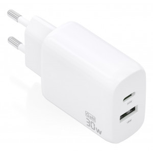 AISENS - CARGADOR GaN 30W, 1xUSB-C PD3.0 QC4.0, 1xUSB-A QC3.0, BLANCO