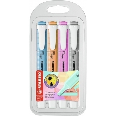 Stabilo Swing Cool Pastel Pack de 4 Marcadores Fluorescentes - Cuerpo Plano - Punta Biselada - Trazo entre 1 y 4mm - Tinta con Base de Agua - Antisecado - Colores Surtidos