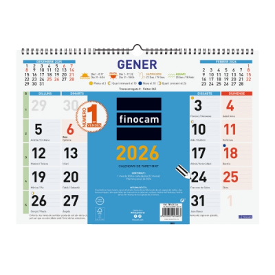Finocam Calendario de Pared en Catalan - Anual 2026 - Espacio para Escribir - Formato L - 430x10x310mm - Numeros Grandes - Color Azul y Blanco