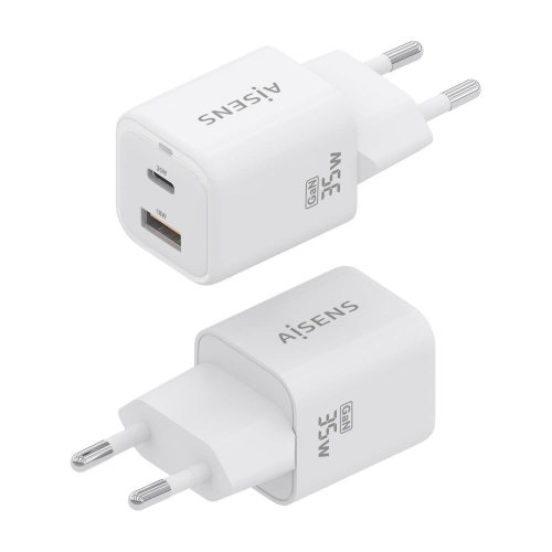 AISENS - CARGADOR GaN 35W, 1xUSB-C PD3.0 QC4.0, 1xUSB-A QC3.0, BLANCO