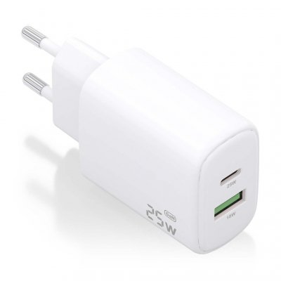 CARGADOR AISENS GAN 25W, 1XUSB-C PD3.0, 1XUSB-A QC3.0, BLANCO