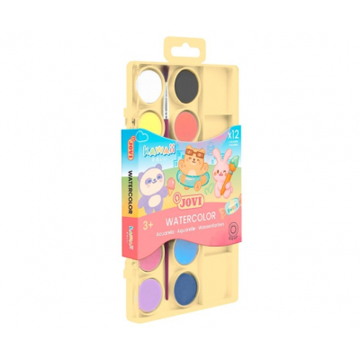 Jovi Kawaii Pack de 12 Acuarelas en Pastilla 22mm + Pincel - Facilmente Mezclables - Colores Kawaii Surtidos