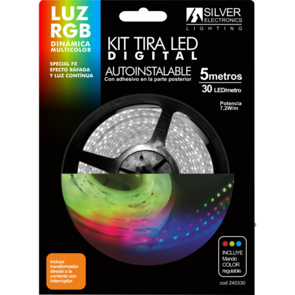 Kit tira LED 5m 12V 7,2W/m Luz RGB IP20 Incluye Alimentador y Controlador
