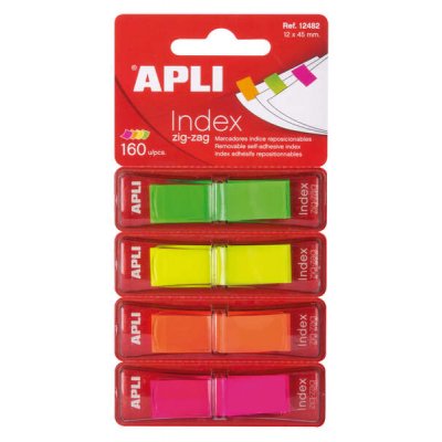 Apli Indices Adhesivos Film Zigzag 45x12mm 4 Dispensadores de 40 Indices - Faciles de Aplicar - Resistentes - Removibles - Colores Fluorescentes - Multicolor