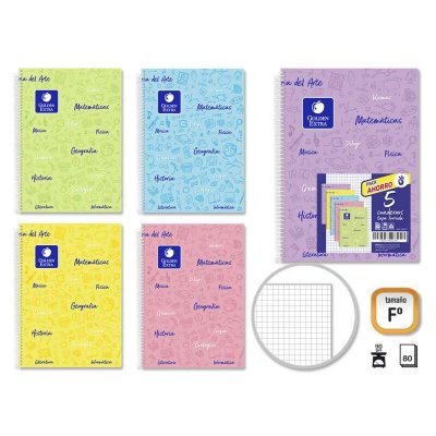 Golden Pack de 5 Cuadernos Folio 80 Hojas 90gr Cuadricula 4x4 - Resistente - Ideal para Estudiantes - Tapa Flexible - Colores Pastel Surtidos