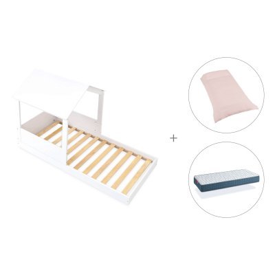 Cama-casita Montessori 90x190 cm + colchón + textil Cremarosa · Bianca Tre