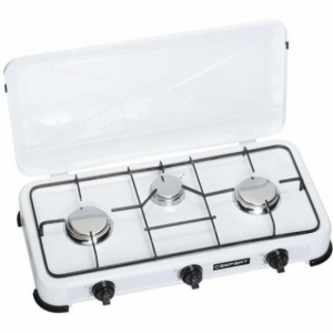 Hornillo de gas butano Tristar KO-6383, 3 zonas, con tapa, 4000W, blanco
