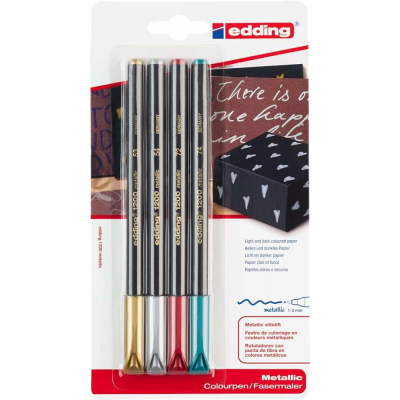 Edding 1200 Metallic Pack de 4 Rotuladores - Punta Redonda - Trazo 1mm - Tinta con Base de Agua - Colores Oro, Plata, Rojo y Verde Metalizados