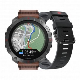 Reloj Smartwatch Polar Grit X2 Pro Titan, Premium Outdoor Multisport Watch, correa piel marrón, M-L, correa negra