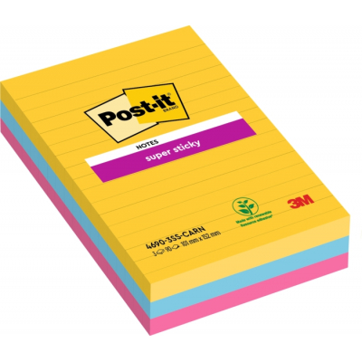 Post-It Super Sticky Pack de 3 Blocs de 90 Notas Adhesivas Reposicionables - Forma Rectangular - 101x152mm - Colores Surtidos