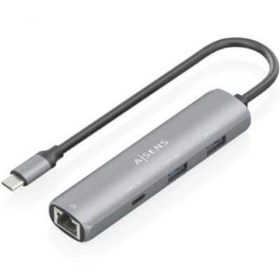 Hub USB Tipo-C Aisens ASUC-4P038-GR/ 1xUSB Tipo-C/ 2xUSB/ 1xRJ45/ Gris