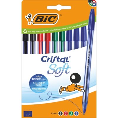 Bic Cristal Soft Pack de 10 Boligrafos de Bola - Punta Media de 1.2mm - Trazo 0.45mm - Escritura mas Fluida - Colores Surtidos