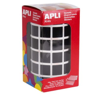 Apli Gomets Cuadrados Negros - 15 x 15mm - 59 Hojas Pretroqueladas - 2832 Gomets por Rollo - Ideal para Escuelas y Talleres Infantiles - Normas EN-71 y FSC - Adhesivo Base Agua - Materiales 100% Recic