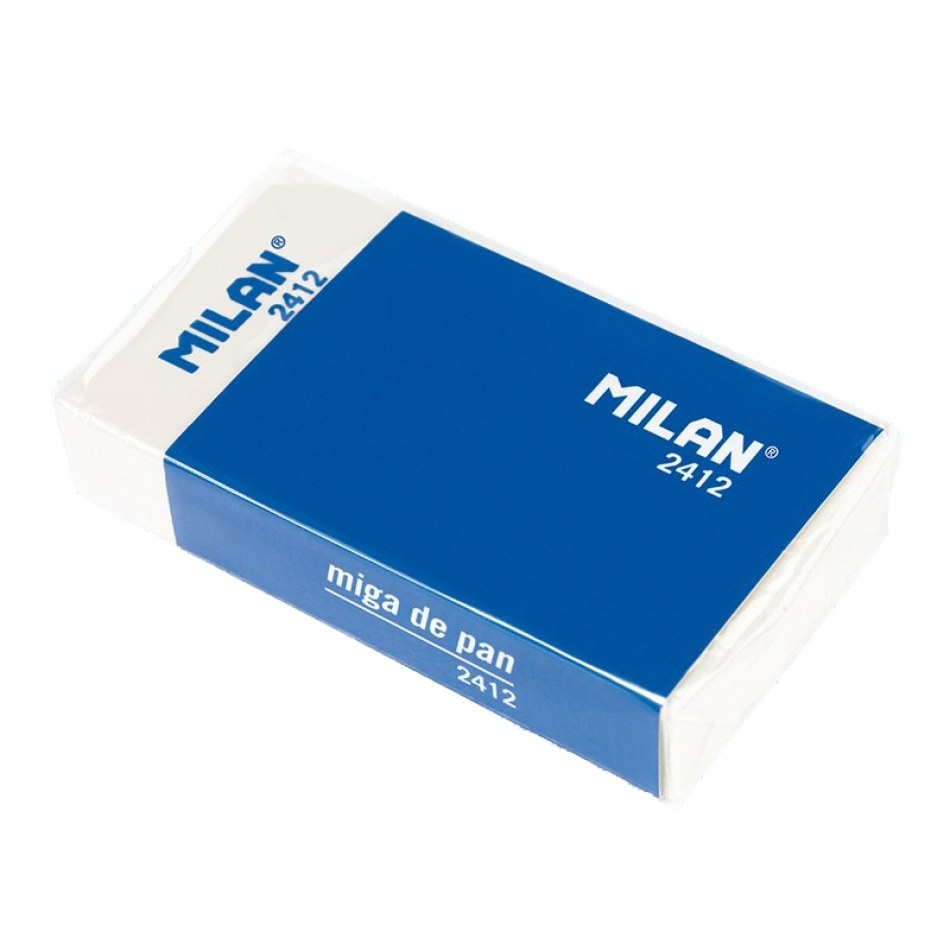 Milan 2412 Goma de Borrar Rectangular - Miga de Pan - Suave - Caucho Sintetico - Faja de Carton Azul - Envuelta Individualmente - Color Blanco