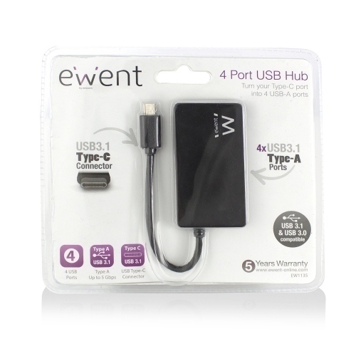 Ewent EW1135 HUBS 4 puertos USB 3.1 Gen1 (USB 3.0) de tipo-C