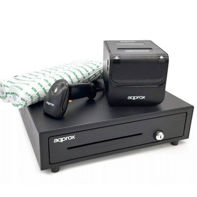 KIT TPV APPROX CAJON PORTAMONEDAS APPCASH01 NEGRO + LECTOR/SCANNER APPLS02AS + IMPRESORA TERMICA APPPOS80AMUSE + PACK ROLLOS PAPEL CYT8060BPA