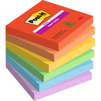 Post-It Super Sticky Pack de 6 Blocs de 90 Notas Adhesivas Reposicionables - Forma Cuadrada - 76x76mm - Colores Surtidos