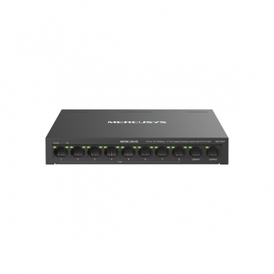 Mercusys MS110CP Swtich 10 Puertos RJ45 - 8 Puertos 10/100Mbps PoE+ - 2 Puertos Gigabit - Hasta 250 Metros de Alcance - Color Negro