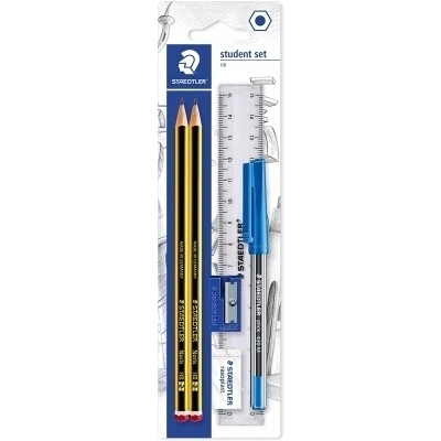 Staedtler Pack de 2 Lapices Noris de Grafito Hexagonales 2HB + 1 Boligrafo Stick 430 Azul + 1 Goma de Borrar + 1 Sacapuntas +1 Regla