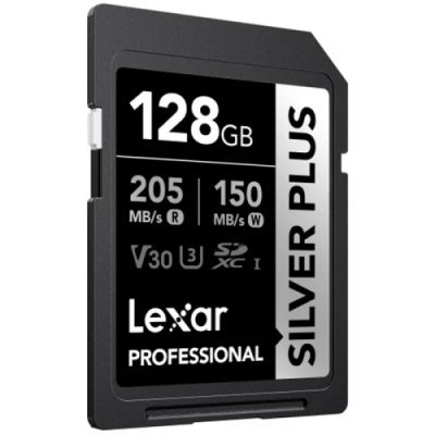 LEXAR 128GB PROFESSIONAL SILVER PLUS SDXC UHS-I CARDS, UP TO 205MB/S READ 150MB/S WRITE C10 V30 U3