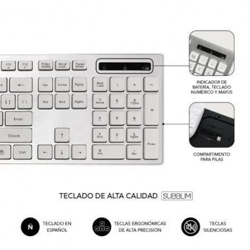 Teclado y Ratón Inalámbrico Subblim Combo Wireless Ergo Keys Silent Flat HQ/ Plata y Blanco