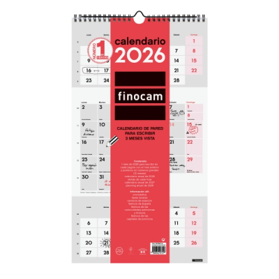 Finocam Calendario de Pared - Anual 2026 - Espacio para Escribir - 236x8x440mm - 3 Meses Vista - Color Blanco y Rojo