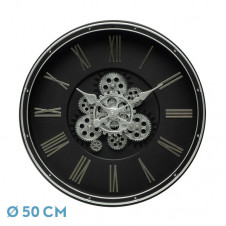 Reloj De Pared Cacin Negro/plata 50x50x6cm Engranajes Con Movimiento