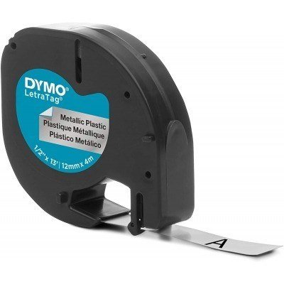 Dymo LetraTag S0721730 Cinta de Etiquetas Original para Rotuladora - Texto negro sobre fondo metalico - Ancho 12mm x 4 metros (91208)