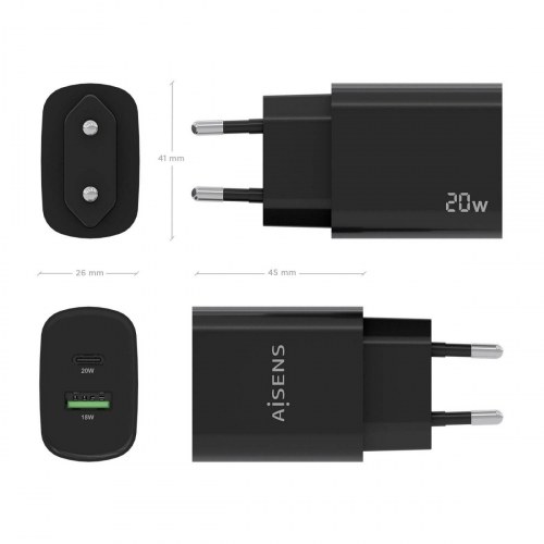 Aisens - Cargador 20W, 1Xusb-C Pd3.0, 1Xusb-A Qc3.0, Negro