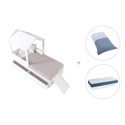 Cama-casita compacta 90x190 cm con cajones + colchón + textil Alba Blu · Bianca Quattro