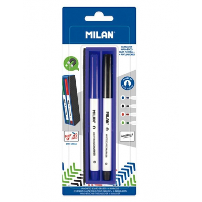 MILAN BORRADOR MAGNÉTICO PARA PIZARRA BLANCA + 4 ROTULADORES BLISTER COLORES