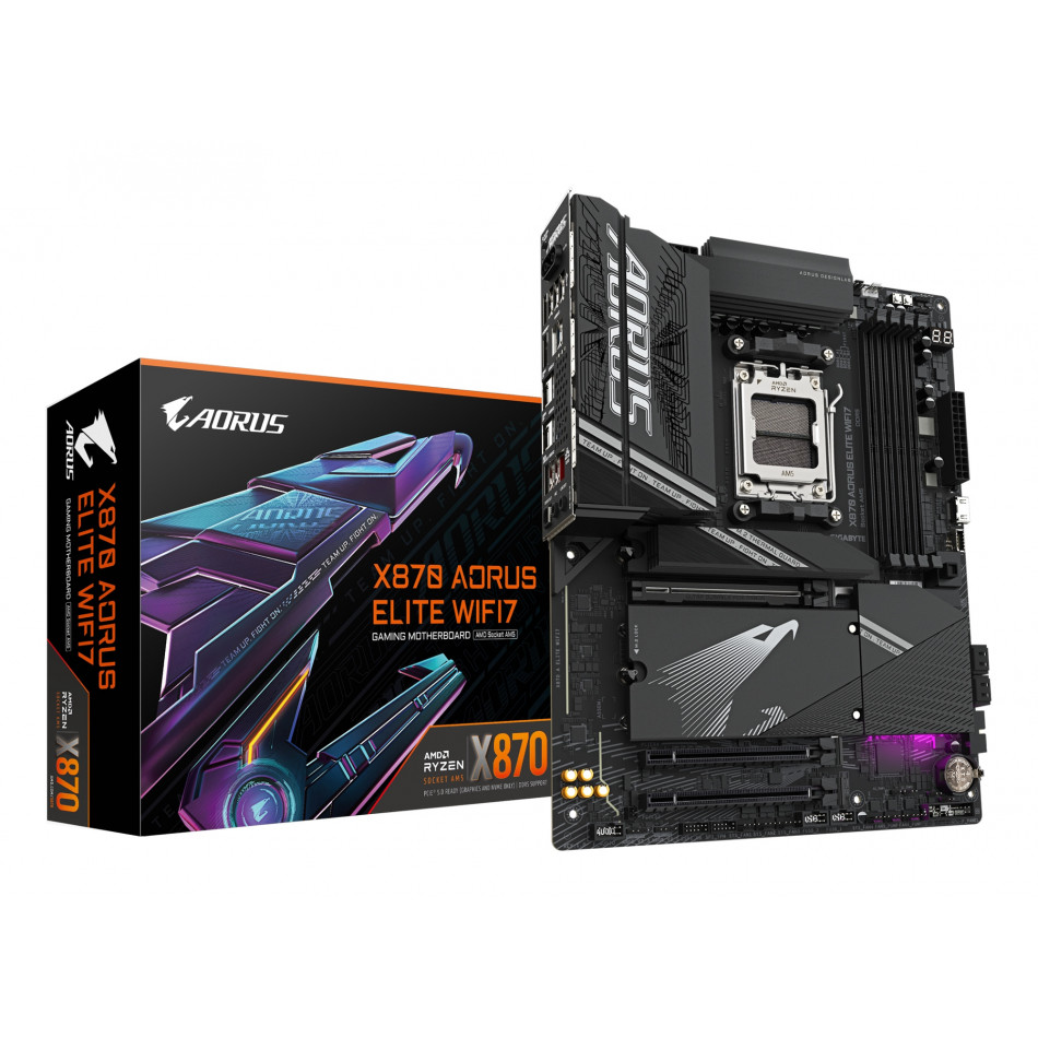 X870 AORUS ELITE WIFI7 Placa Base - Compatible con CPUs AMD Ryzen 9000, 16+2+2 fases VRM, hasta 8000MHz DDR5 (OC), 3xPCIe 5.0 + 1xPCIe 4.0, Wi-Fi 7, LAN 2.5GbE, USB 4
