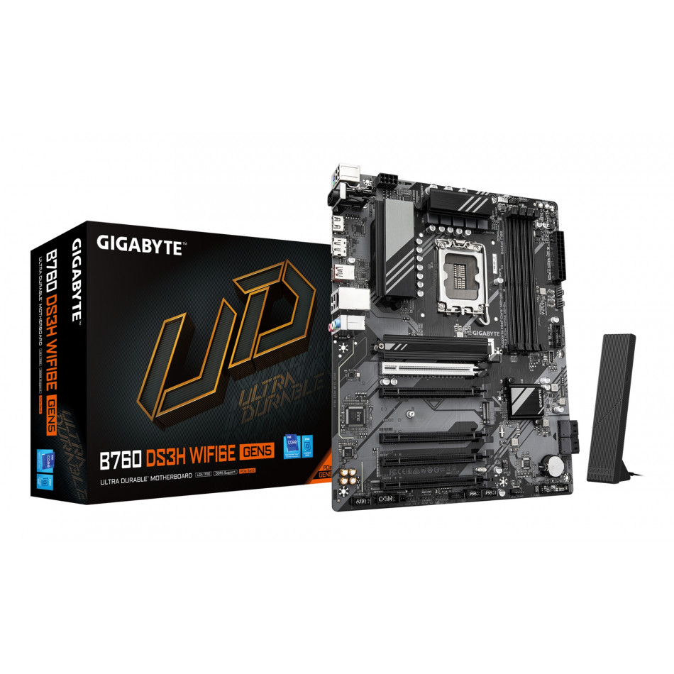 B760 DS3H WIFI6E GEN5 Placa Base  Compatible con procesadores Intel Core 14ª generación, VRM digital de 8+2+1 fases, hasta 5600 MHz DDR5, 2xPCIe 4.0 M.2, Wi-Fi 6E, LAN 1 GbE, USB 3.2 Gen 2x2