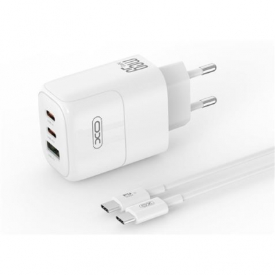 XO XOL139 Cargador Universal de Pared 65W - Carga Rapida - 2x USB-C, 1x USB-A - Cable USB-C - Color Blanco