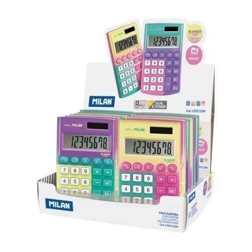 Milan Pocket Sunset Expositor con 8 Calculadoras de Bolsillo - 8 Digitos - Tacto Suave - Colores Surtidos