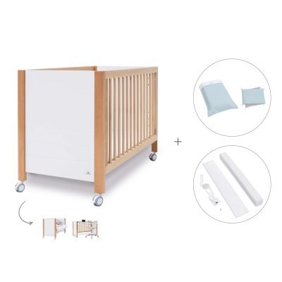 Cuna colecho y escritorio madera/blanco (3en1) 60x120 cm + textil Mint · Ombra