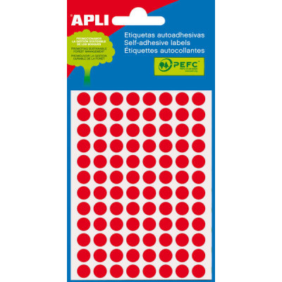 Apli Minibolsa de 288 Etiquetas Redondas Ø 8mm - 3 Hojas por 96 Etiquetas - Adhesivo Permanente - Color Rojo Fluor