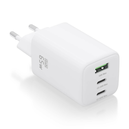 AISENS - CARGADOR GaN 65W, 2xUSB-C PD3.0 QC4.0, 1xUSB-A QC3.0, BLANCO