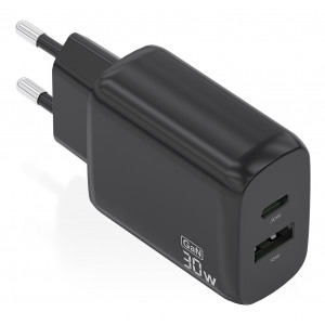 AISENS - CARGADOR GaN 30W, 1xUSB-C PD3.0 QC4.0, 1xUSB-A QC3.0, NEGRO