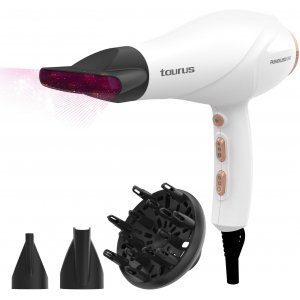 Secador de pelo profesional Taurus FASHION 2600 IONIC, motor AC, 2600W, 3 temperaturas, 2 velocidades, 3 accesorios, con difusor, blanco y dorado