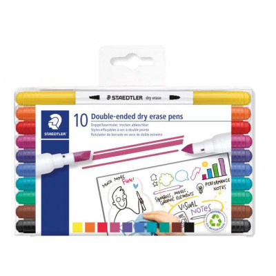 Staedtler Lumocolor 3010 Pack de 10 Marcadores para Pizarra Blanca - Doble Punta Biselada y Conica - Tinta Base de Agua - Colores Surtidos