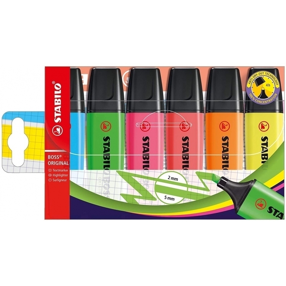 Stabilo Boss 70 Pack de 6 Marcadores Fluorescentes - Trazo entre 2 y 5mm - Recargable - Tinta con Base de Agua - Colores Surtidos