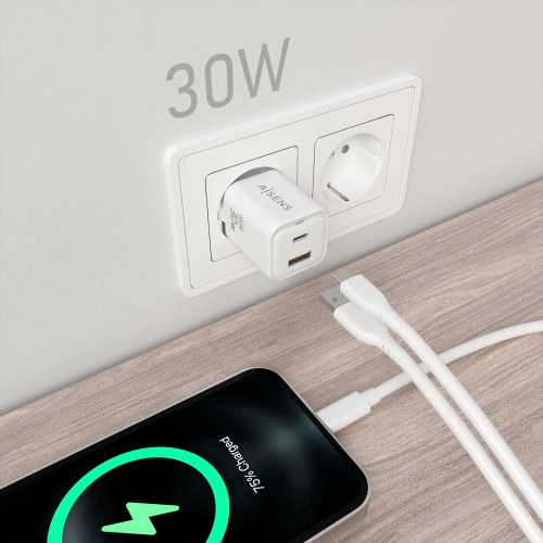 AISENS - CARGADOR GaN 30W, 1xUSB-C PD3.0 QC4.0, 1xUSB-A QC3.0, BLANCO