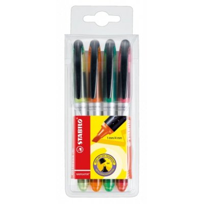 Stabilo Navigator Pack de 4 Marcadores Fluorescentes - Zona de Agarre - Diseño Delgado - Practico Clip para Llevar - Trazo entre 2 y 5mm - Colores Amarillo, Naranja, Verde y Rosa