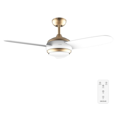 Cecotec EnergySilence Aero 4265 GoldWhite Ventilador de Techo con 3 Aspas y Luz Integrada - 65W - Diametro de 42 - LED de 18W - Mando a Distancia - Temporizador - 3 Velocidades - Color Blanco