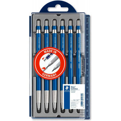 Staedtler Mars Technico 780 Pack de 6 Portaminas Tecnicos - Mina de 2mm - Zona de Agarre Hecha en Metal - Sacapuntas Integrado en el Mango
