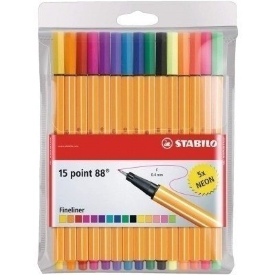 Stabilo Point 88 Pack de 15 Rotuladores de Punta Fina de Fibra - Trazo de 0.4 mm - Tinta con Base de Agua - 10 Colores Surtidos + 5 Neon